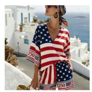American Flag Print V-Neck Shirt & Short Red, White & Blue